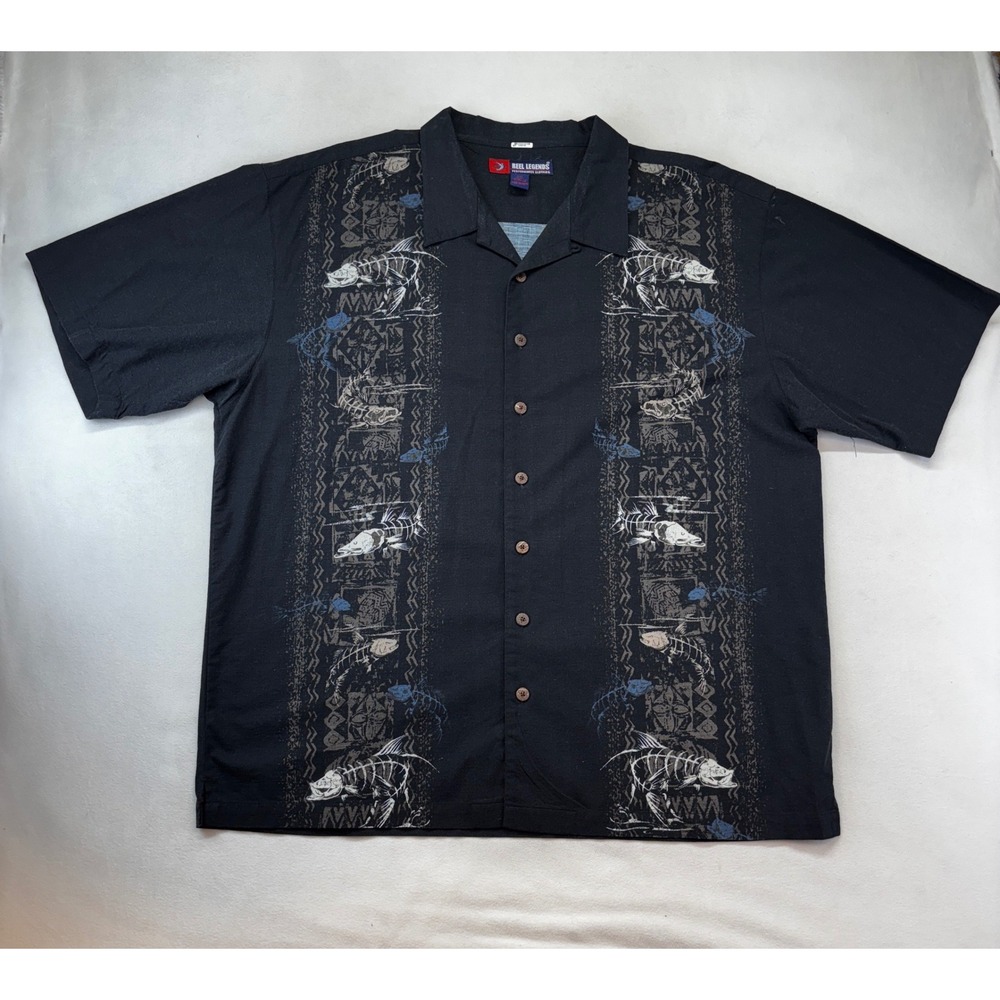 Reel Legends Button Down Men XXL Black Fish Skeleton Tribal Graphic Camp Shirt